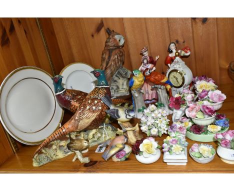 A COLLECTION OF PORCELAIN FIGURES, comprising a Coalport Ladies of Fashion 'Romany dance' figure, a small German mantel clock