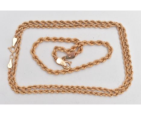 A 9CT GOLD CHAIN NECKLACE AND BRACELET, a rose gold rope chain necklace, fitted with a spring clasp, approximate length 460mm