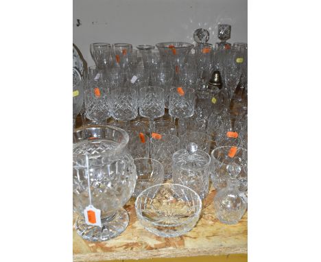 A QUANTITY OF CUT CRYSTAL, comprising a Waterford Crystal pedestal vase, a single Watford Crystal wine glass with a clover le