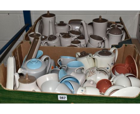 TWO BOXES OF POOLE POTTERY, to include assorted  twin-tone colours 'Sepia and Mushroom', 'Red Indian and Magnolia', 'Sky Blue