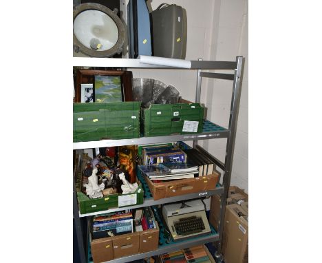 EIGHT BOXES AND LOOSE MISCELLANEOUS SUNDRIES, to include a brass ship's light, ornaments, framed prints, an Imperial typewrit