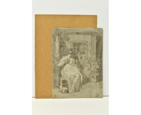 CIRCLE OF JOSHUA CRISTALL (1767-1847) GIRL WITH CAT, an unsigned sketch depicting a seated female figure sewing outdoors, pen