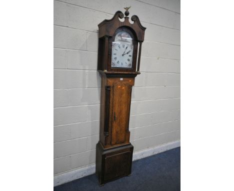 A GEORGIAN OAK LONGCASE CLOCK, with a later dial and Quartz movement, the hood with a swan neck pediment and brass finial, re