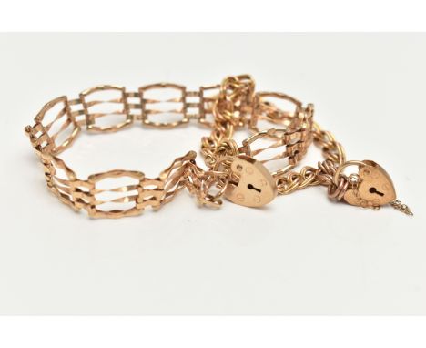 A 9CT GOLD BRACELET AND A YELLOW METAL BRACELET, the first a gate style bracelet, fitted with a heart padlock clasp, hallmark