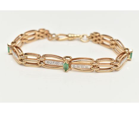 A 9CT GOLD DIAMOND AND EMERALD BRACELET, a gate and brick link style bracelet, set with sixteen single cut diamonds and three