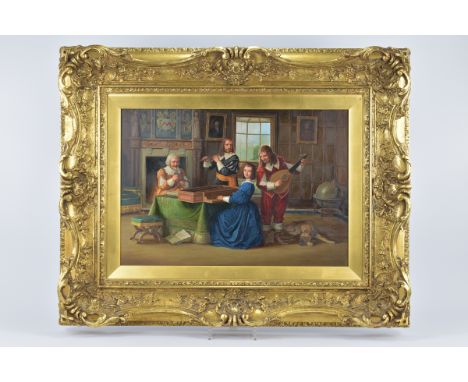 A 20th century oil on board framed of figures in medieval dress playing instruments. Signed John Berry. 81cm x 64.5cm with fr