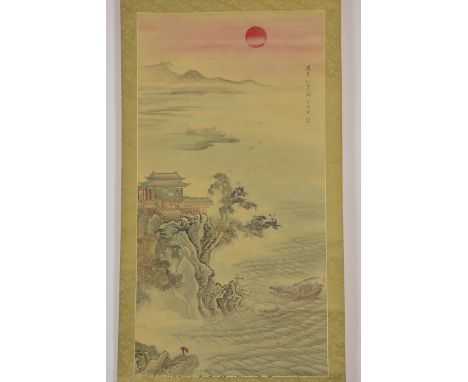 A large Chinese 20th Century watercolour painting on paper in scroll of a coastal scene. 120cm x 62cm Provenance: Property of