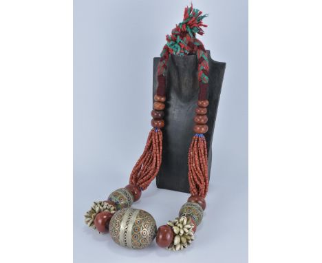 A large Ethnic Moroccan Beaded Necklace with coral beads, shells, amber resin and silver enamel beads. 8cm for central beads