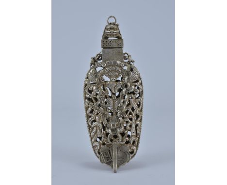 A Chinese White metal Scent Perfume bottle decorated with bats on Chain. 11cm