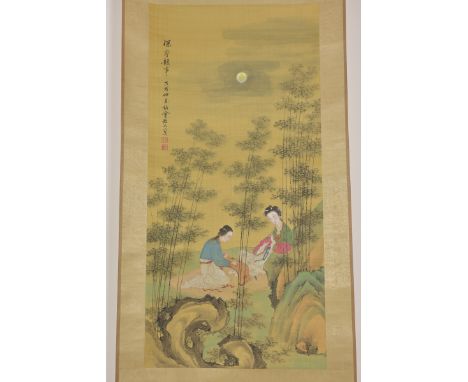 A Chinese late 19th Century watercolour painting on paper in scroll of two ladies. With two red seal marks signed. 83cm x 39c