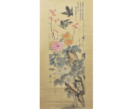 A Chinese 1930's watercolour painting on paper in a scroll of flowers and birds. Signed with two red seal marks. 98cm x 34cm.