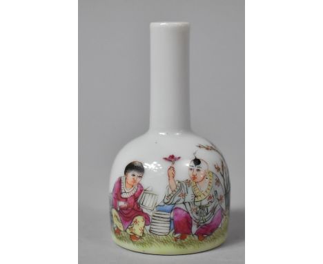 A Chinese Porcelain Republic Type Famille Rose Miniature Bottle Vase with Hand Applied Decoration Depicting Seated Figures, R