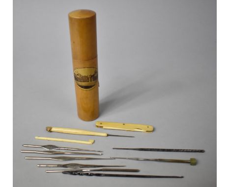 A Mauclinware Cylindrical Needle Case for Dalkeith Containing Various Tools and Sewing Accessories, 14cm 