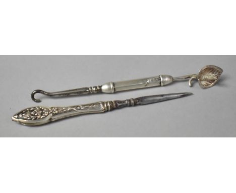 A Miniature Silver Mounted Button Hook, Birmingham 1907 with Buttonhole Finial and a  Silver Mounted Manicure Tool 