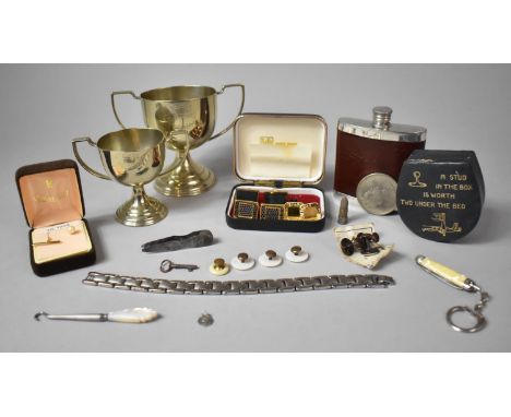 A Collection of Sundries to Include Two Silver Plated Trophies, Hip Flask, Gents Cufflinks, Studs etc 