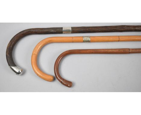 A Collection of Three Vintage Walking Sticks, Two with Silver Band Hallmarked Birmingham 1911
