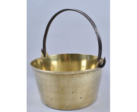 A Vintage Polished Brass Jam Kettle with Iron Loop Handle, 35cm Diameter 