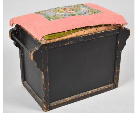 A Small Edwardian Black Painted Box Stool with Tapestry Top, In Need of Reupholstery 