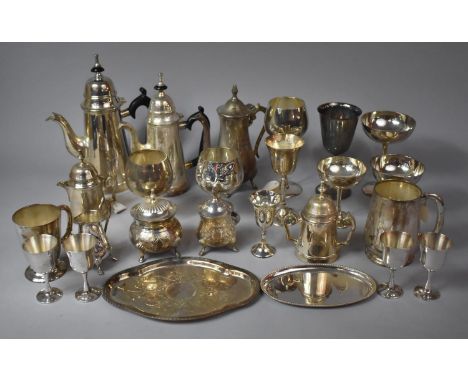 A Collection of Various Silver Plated Items to comprise Coffee Cups, Goblets, Lidded Sugar Bowls Etc 