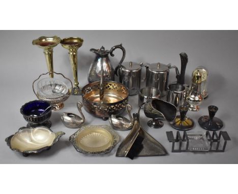 A Collection of Various Silver Plated Items to comprise Vases, Hot Water Jug, Candle Shaped Sugar Bowl Etc 