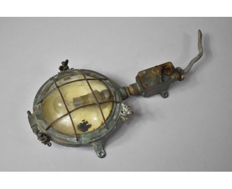 A Vintage Brass Cased Circular Nautical Bulkhead Cage Light Fitting, with Base On/Off Switch, 12cm Diameter and 23cm high 