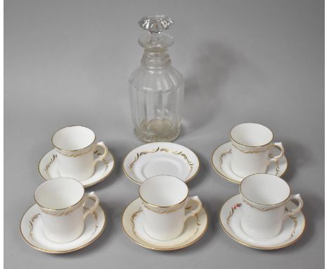 A Royal Stafford Gilt and White Coffee Set to comprise Five Cans, Six Saucers, together with a 19th Century Cut Glass Decante