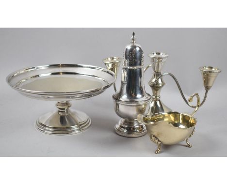 A Collection of Silver Plate to Include Three Branch Candelabra, Sugar Sifter, Bowl and Sauceboat 