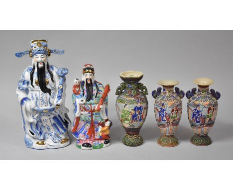 Two Oriental Ceramic Taoist Figures together with Pair of Japanese Satsuma Vases and One Other (Varying Condition Issues) 