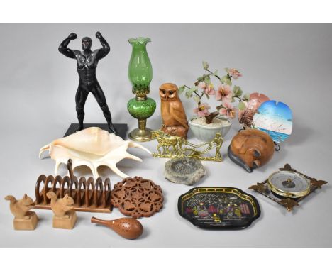A Collection of Animal and Figural Ornaments, Oil Lamp, Barometer, Toast Rack 