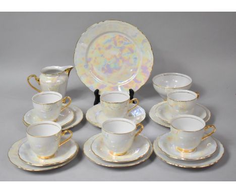 A Pearlware and Gilt Decorated Late 20th century Tea Set to comprise Cake Plate, Six Side Plates, Five Saucers, Six Cups, Jug