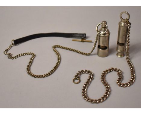 Two Vintage Whistles, the EMCA City Whistle and Larger Example, Both on Chains 