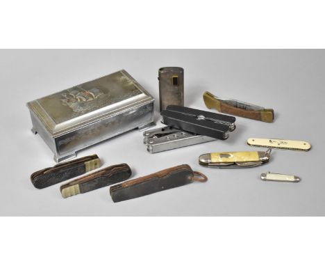 A Collection of Vintage Penknives, Multitool Knives, Cigarette Lighters, Enamelled Pins, Royal Army Service Corps, Cigarette 
