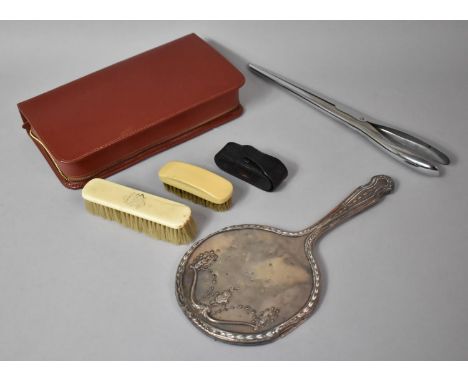 A Vintage Leather Cased Travelling Set, Glove Stretcher, Brushes and Dressing Table Mirror Frame, Possibly Silver 