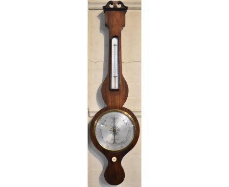 A 19th Century Mahogany Wheel Barometer with Thermometer and Swan Neck Cornice 