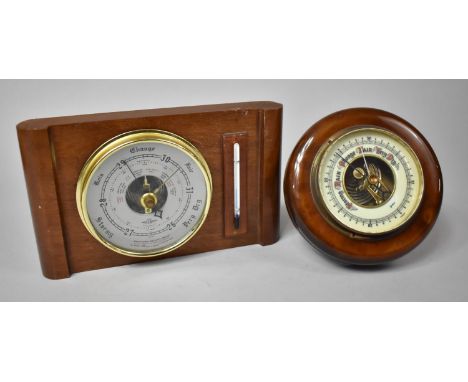 A Mid 20th Century Circular Aneroid Wall Barometer Together with a Desk Top Wooden Weather Station with Aneroid Barometer and