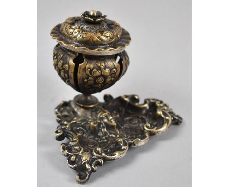 A French Bronzed Spelter Desktop Inkwell of Vase form with Hinged Lid and Glass Liner, Triangular Tray Base, 11cm Long 