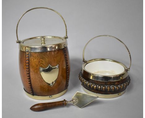 An Edwardian Silver Plate Mounted Biscuit Barrel Together with a Silver Plate Mounted Oak Butter Dish with Loop Handle and a 