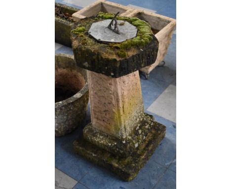 A Hexagonal Topped Reconstituted Stone Sundial on Square Stepped Base, 68cm high 