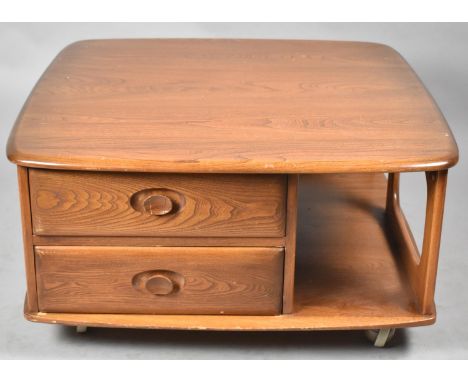 An Ercol Mid Century Pandora Coffee Table, Model No.375 in Elm, with Two Side Drawers on Ball Casters, 80cm Square 