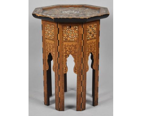 A Vintage Moorish Sewing Table in the Manner of Those Made for Liberty, with Octagonal Hinged Top Inlaid with Mother of Pearl