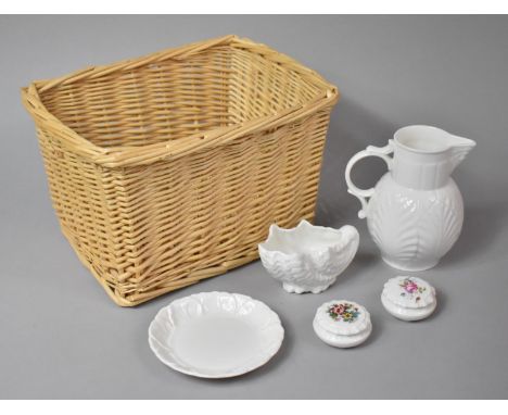 A Coalport Caughley Mask Head Jug, Coalport Countryware Pin Dish and Shell Dish and Two Circular Coalport Boxes 