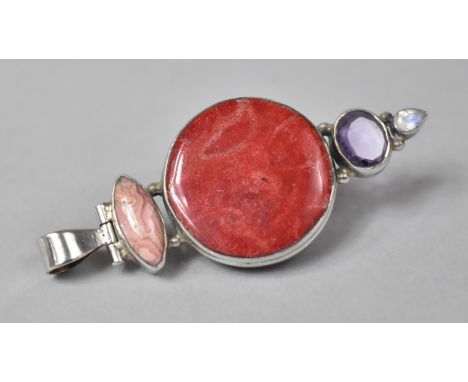A Silver, Coral and Amethyst Pendant, 7.5cm Long 