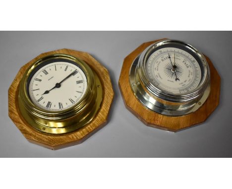 A Modern Metamec Brass Ships Clock Mounted Wooden Plinth Together with an Aneroid Barometer Example 