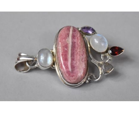 A Rhodochrosite, Moonstone, Amethyst and Labradorite Pendant, 6cm drop 