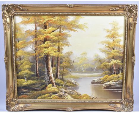 A Gilt Framed Oil on Canvas Depicting Woodland Pond, Signed K Schmidt, 50x40cm 