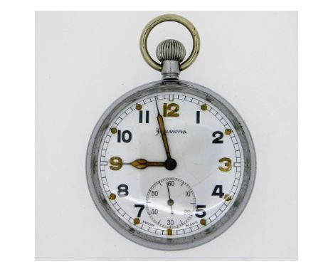 A wartime Helvetia pocket watch with broad arrow mark to verso, case 52mm diameter, runs when wound