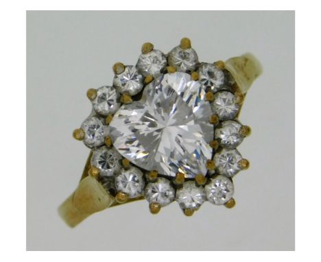 A 9ct gold ring set with white stones, including 9mm wide heart shaped centre, 3.93g, size Q/R