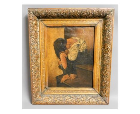 A 19thC. oil on canvas of Oscar Gustave Rejlander "Homeless" photographic print, set in ornate, oak leaf &amp; acorn gilt fra