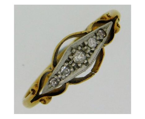 An antique 18ct gold ring set with five small diamonds, fault to setting, 1.73g, size L/M