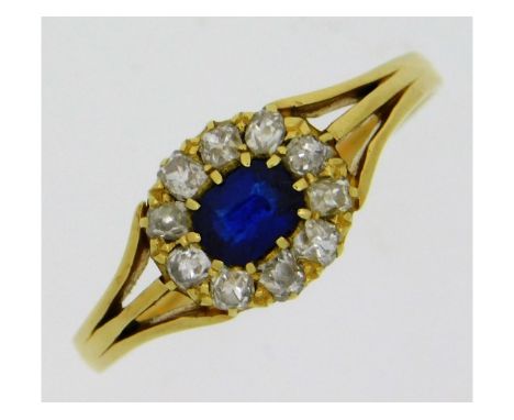 An antique 18ct gold ring set with approx. 0.4ct old cut diamonds &amp; sapphire, 5mm x 4mm, 3.81g, size V